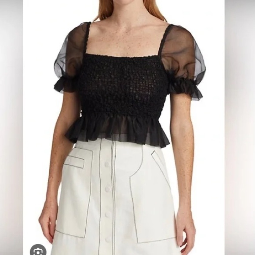 Staud Cannon Smocked Mesh Puff Sleeve Top With Peplum, Great Condition